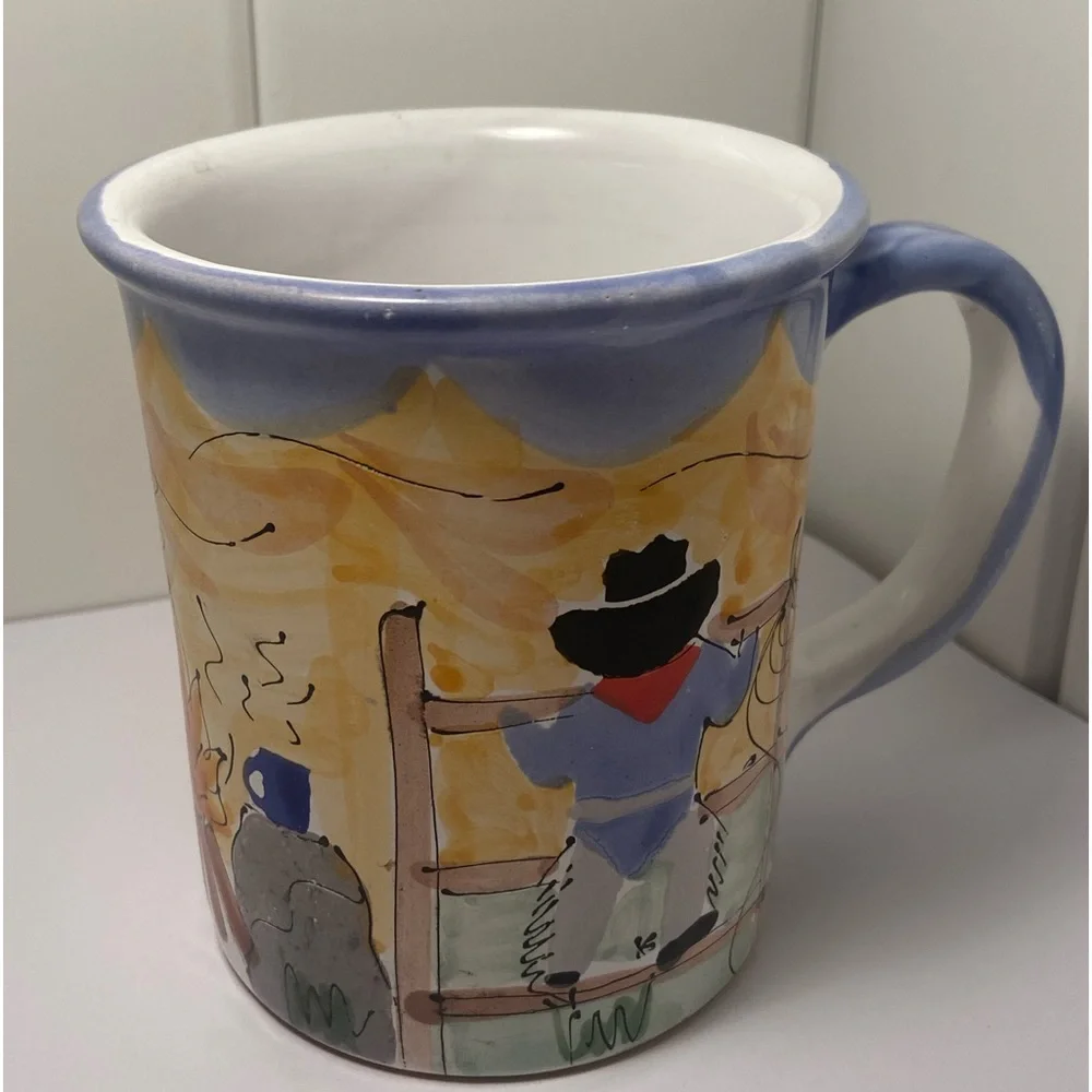 Vintage Cowboy mug outdoor western scene Hand Painted art Mug Artist signed - Picture 4 of 16